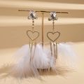 Detail of gold heart earrings with rhinestone tassels and soft white feathers - White (Silver Earring Post)