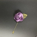 Detailed shot of purple satin rose brooch with golden hollow leaf on long needle pin - Taro Purple