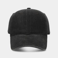 Detailed close-up of a vintage washed black cotton baseball cap with a curved brim - Black