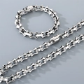 Silver stainless steel bamboo link chain necklace and bracelet set for men and women - Cylinder Clasp / 11mm Wide 21cm Bracelet / Steel