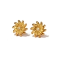 Detail view of golden sunflower stud earrings with textured petals and center zircon - Gold Swirl