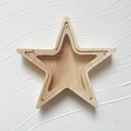 Star-shaped wooden money box with transparent acrylic panel and natural oak wood grain - Pentagram