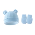 Close-up of light blue cotton baby beanie with mouse ears and matching anti-scratch mittens - Hat And Gloves / Light Blue