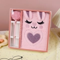 Pink plush bunny A5 notebook set with faux fur ears and matching pom-pom pen in gift box - Set / Pink