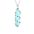 Macro view of a hexagonal turquoise crystal pendant with silver spiral wire on a chain - Silver + Turquoise