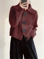 Women's oversized burgundy knit cardigan with lapel collar and large black buttons - 3XL / Burgundy