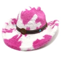 Detail of pink cow print plush cowboy hat featuring turquoise beads on a woven band - M (56-58cm) / Straight Crown Rose Red