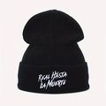 Black Real Hasta La Muerte embroidered knit beanie cap with ribbed texture for winter - Black With White Letters