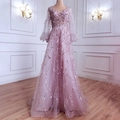 Elegant mauve evening gown with silver sequins and long sleeves in a floor-length V-neck style - S / Dresses / Pink