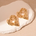 Gold heart earrings with lava texture on white stone, minimalist metal design - Gold Pleated Lava Heart Stud Earrings (Stainless Steel Earring Post)