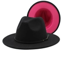 Detail of wool fedora hat showing red and black color block brim with metal buckle - M (56-58cm) / Black+Rose Red