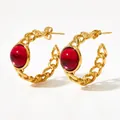 French vintage style gold chain C-shaped earrings with deep red glass gemstone - 14K Gold Plated Red