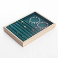 Solid wood jewelry tray with dark green velvet lining for rings and bracelets - Natural Wood Flat & Ring Tray-Green Velvet