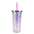 24oz double-wall plastic straw cup with pink holographic leopard print texture - Flat Lid E/Laser Bossy