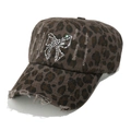 Close-up of leopard print baseball cap with rhinestone bow and distressed edges - M (56-58cm) / Coffee