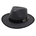 Cappello Fedora in lana grigio scuro con fiocco paisley e tesa larga per uno stile elegante - Taglia unica / Grigio