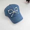 Denim baseball cap for women with pearl bow decoration in light blue washed finish - One Size Adjustable (56-58cm) / Light Blue