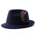 Navy wool felt fedora hat featuring a matching ribbon and colorful feather accent - M (56-58cm) / Navy Blue