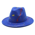 Detail of artistic graffiti paint splatter on royal blue wool felt fedora jazz hat - M (56-58cm) / Blue