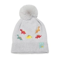 Kids grey knitted beanie featuring colorful dinosaur embroidery and a fluffy faux fur pom - M (52-54cm) / Gray