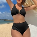 Close-up of ribbed black high-waisted bikini set with decorative gold V-shaped hardware - S / Black