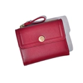 Short red tri-fold wallet for women with golden camellia buckle and zipper closure - Red