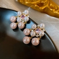 Vintage gold plated bow pearl earrings with pink zircon stone and elegant cluster design - Pink Cluster Gem Pearl (4#)