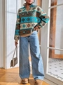 Women's vintage geometric print fleece pullover with half-zip and wide-leg jeans - S / Mixed Colors