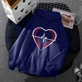 Dark blue fleece hoodie featuring a heart and baseball heartbeat print in a casual style - S / Tops / Dark Blue