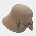 Brown textured bucket sun hat with stylish bow and golden metal buckle decoration - M(56-58cm) / Brown