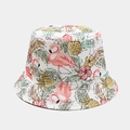 Detail of flamingo and tropical plant print on a white foldable cotton sun bucket hat - Adjustable / White Flamingo Tropical Print (2# Color)