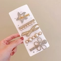 5-piece gold hair clip set with white rhinestones and faux pearls in various designs - Long Plum Blossom 5-Piece Set