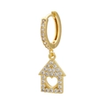 Detail of gold house-shaped earring featuring micro-paved zircons and heart cutout - Gold House