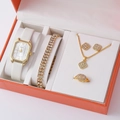 Women's gold jewelry set featuring white leather strap square watch and crystal accessories - White Strap Gold Square Diamond Set (A12)