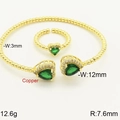 18k gold plated jewelry set with green heart zircon open bracelet and adjustable ring - Gold Green