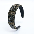 Vintage Baroque velvet headband with black gemstones, gold beads and rhinestone floral details - Black