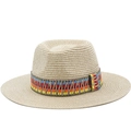 Cappello da sole in paglia marrone chiaro a tesa larga con nastro intrecciato arcobaleno - M (56-58cm) / Beige