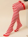 Christmas over knee socks with red and white stripes and plush Santa hat decor - Red White Striped Socks with Hat Decoration