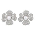 Silver flower stud earrings with white pearls and detailed petal texture for women - Steel Color (N-513)