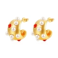 Pendientes en C bañados en oro de 18K con perlas blancas y circonitas rojas - Estilo con Perlas y Circonitas Incrustadas / Dorado