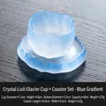 Tasse à thé en verre cristal bleu dégradé avec texture glacier et dessous de plat - Dégradé Bleu (Tasse + Tapis)