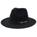 Vue latérale d'un chapeau fedora en laine noire avec ceinture fine et boucle métallique - M(56-58cm) / Noir (Double Bande)
