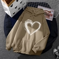 Khaki fleece hoodie with heart art print and kangaroo pocket in lifestyle setting - S / Tops / Khaki