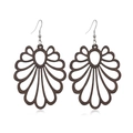 Detailed close-up of dark brown hollowed-out wooden petal earrings on a white background - Style 19