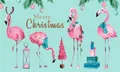Detail of a Merry Christmas mat with pink flamingos and festive lights on a blue base - 40*60cm / Christmas Decor-Light Blue Flamingo