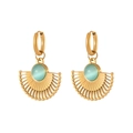 Golden sunburst fan drop earrings with turquoise center stone in a bohemian design - E1481 Blue Cat Eye Fan Earrings / Gold/Blue