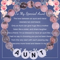 Pink zebra stone beaded bracelet with AUNT letter charms on a floral gift card - To My Special Aunt
