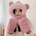 Pink plush 3-in-1 winter hat with scarf and gloves featuring cute bear ears - Wave 3-piece Set - Pink