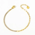 Asymmetric gold stainless steel bracelet with white tennis chain and paperclip links - Gold/White
