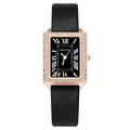 Square rose gold watch with rhinestone bezel and black leather strap for women - Black